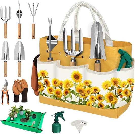 22Pcs Gardening Tools Set for Women Heavy Duty Garden Hand Tool Kit,Birthday Gifts for Mom Wife Grandma Beginner,Gardening Accessories with Sunflower Tote Bag/Shovel/RepottingMat/Plant Labels/Gloves