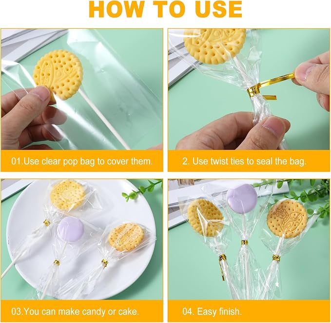 1500Pcs White Lollipop Sticks, 6IN Cake Pop Sticks with Clear Treat Bags & Gold Twist Ties for Candy Making Accessories