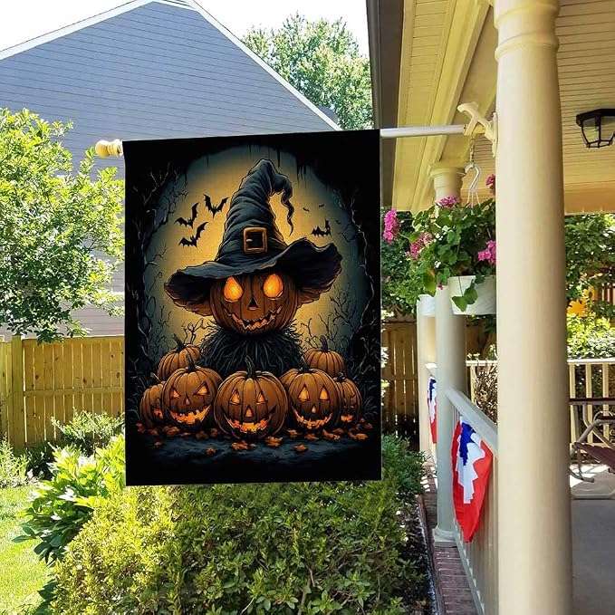 EMMTEEY Halloween Garden Flag Scary Halloween 28X40 Double-Sided, Seasonal Yard Flags Pumpkin Bats Large Burlap Garden Flags for Outside Front/Back Door