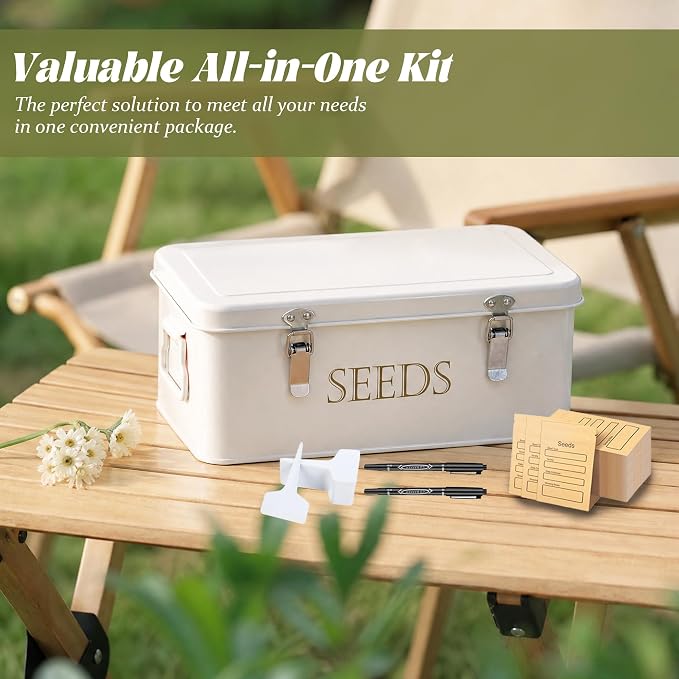 ECOPARK Seed Storage Box, Professional All-in-one Kit with 2 Pens, 20 Plant Labels and 50 Seed Envelopes, Metal Storage Organizer, Saving Box, Seed Packet Container, Large, White