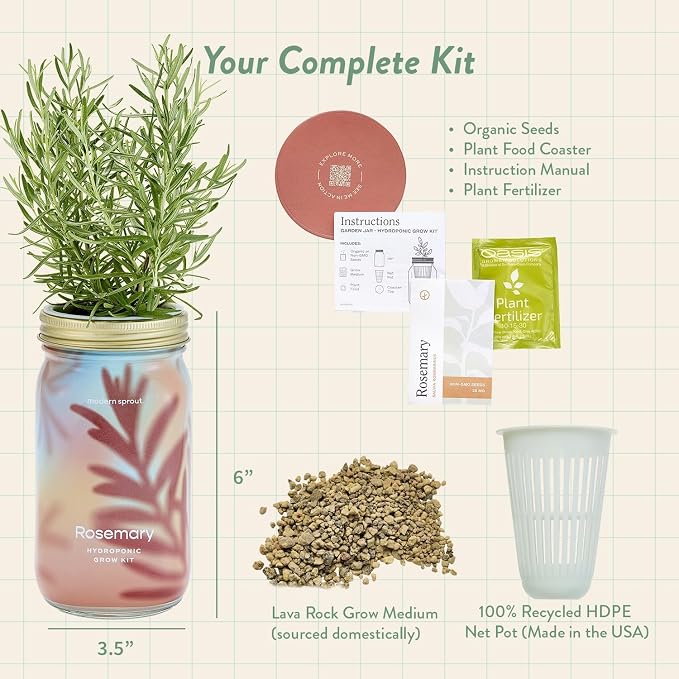 Modern Sprout Garden Jars+Smart Growbar Bundle- Self-Watering Hydroponic Herb Growing Kit with Full-Spectrum LED Grow Light, Organic Herb Seeds, Smart App, Adjustable Brightness, Gift for Mother's Day