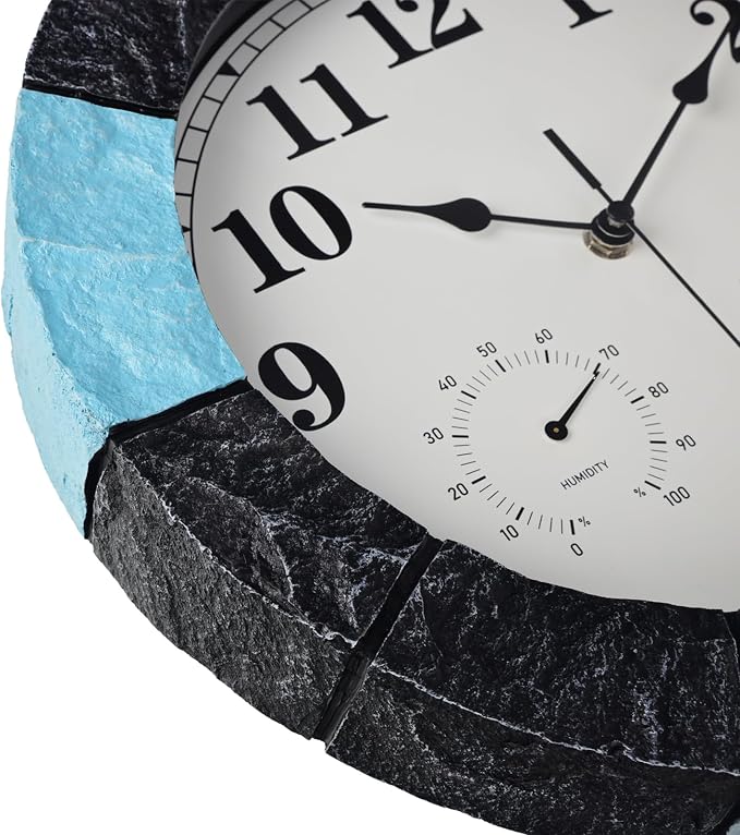 JoFomp 13 Inch Resin Faux-Stone Outdoor Clocks Waterproof with Thermometer and Hygrometer Combo, Large Outdoor Clocks for Patio, Outdoor Wall Clocks Battery Operated, Outside Clock for Pool/Home