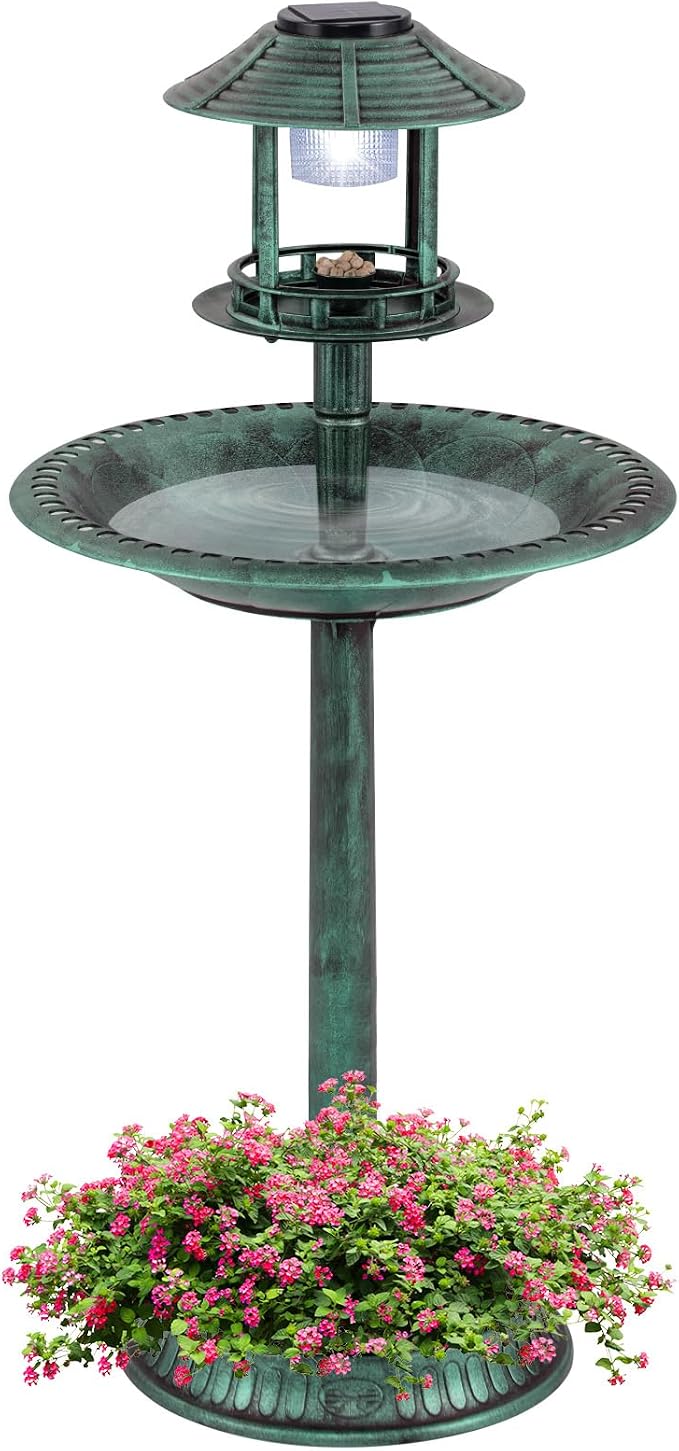 LDAILY Outdoor Bird Bath, 42’’ Solar Lighted Pedestal Birdbaths with Birds Feeder ,20’’ Water Bowl, Flower Planters and 3 Stakes, Attract Birds Antique Bird Bath for Outside Garden, Yard (Green, 42‘’)
