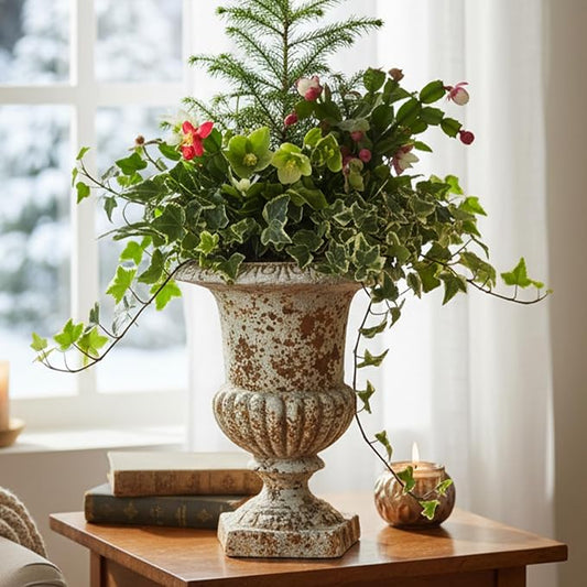 Small 9.1'' H Vintage Urn Planter, Distressed Retro Tabletop Flower Pot with Drainage Hole, Lightweight Decorative Pedestal Planter for Indoor Plants, Office Desk, Shelf, Patio Table Decor