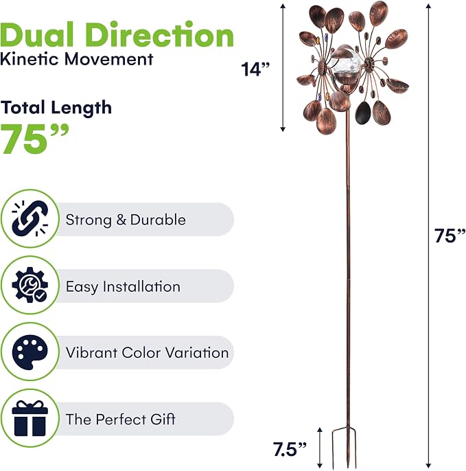 75-Inch Wind Spinners Jewel Cup - Solar-Powered with Multi-Color LED Glass Ball - Metal Kinetic Windmill for Dual Wind Direction - Easy to Assemble Garden and Outdoor Yard Decorations