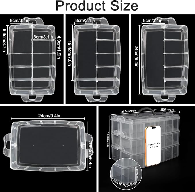 Guyuyii 3-Tier Stackable Bead Organizer with Adjustable Dividers and Handle | Portable Storage Case for Craft, Sewing, Jewelry Making | Compatible with Beads, Embroidery Floss, Washi Tape, Lego Pieces