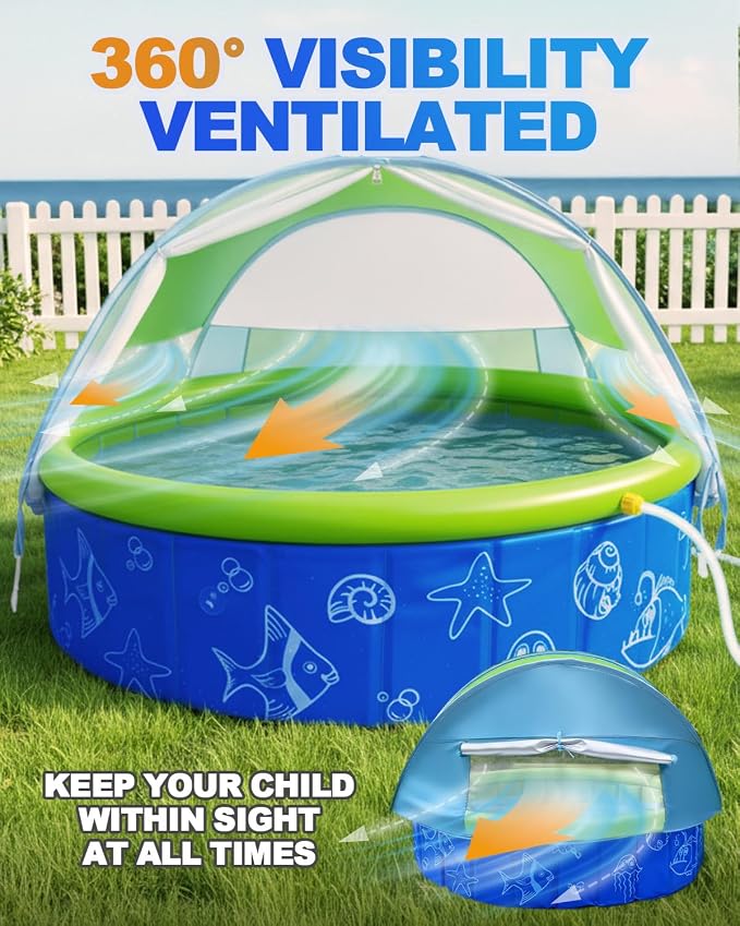 2026 Updated Foldable Kiddie Pool with Canopy and 20 Ocean Balls: 47in for Baby Toddler Kids- Summer Water Play Pool with Sprinkler and Shade - Portable for Outdoor Backyard Beach