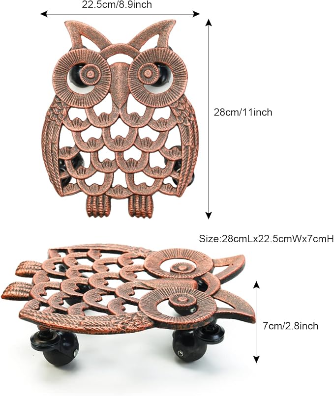 Sungmor Heavy Duty Cast Iron Plant Caddy with Wheels - 2 Pack Vintage Owl Design Plant Stand, Metal Rolling Plant Tray for Indoor & Outdoor Use - 11 Inch, Antique Bronze