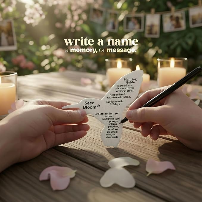 Plantable Memorial Gift Tags with Wildflower Seeds – 48 Pack Black & White Hummingbird-Shaped Writable Gift Wrap Tags for Funeral Favors, Sympathy Gifts & Celebration of Life Keepsakes