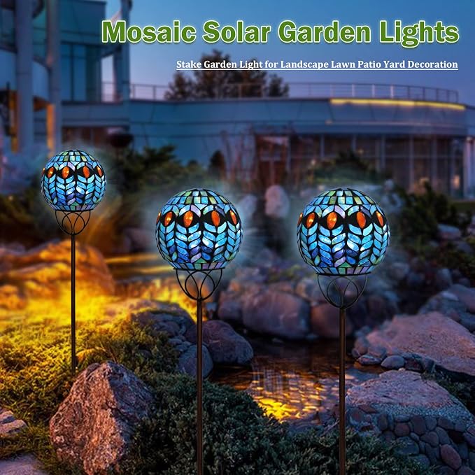 VCUTEKA Decorative Solar Garden Lights, 6" Mosaic Globe Outdoor Stake | Mosaic Glass Design with Solar Light, Weather Resistant, Auto On/Off and Metal Stake Design For Lawn and Patio, Red & Blue