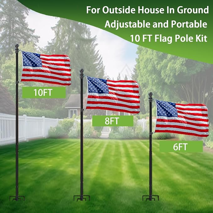 10 Foot Flag Poles for Outside House Inground with 3x5 American Flags,Heavy Duty Stainless Steel Flag Pole in Ground with 5 Pronges Base,Inground Flag Poles for Residential Garden Yard