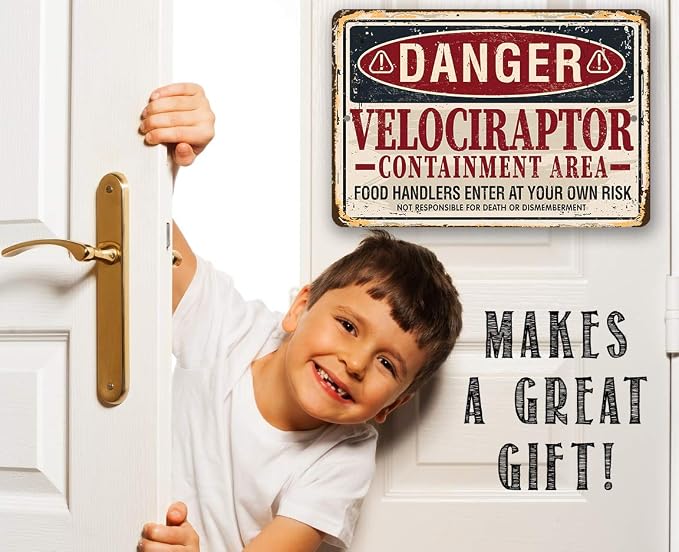 Danger Velociraptor Sign - Classic Man Cave Decor, Funny Dinosaur Party Decoration, Retro Vintage Metal Sign, 12x18 Use Indoors or Outdoors Durable Rustic Metal Sign