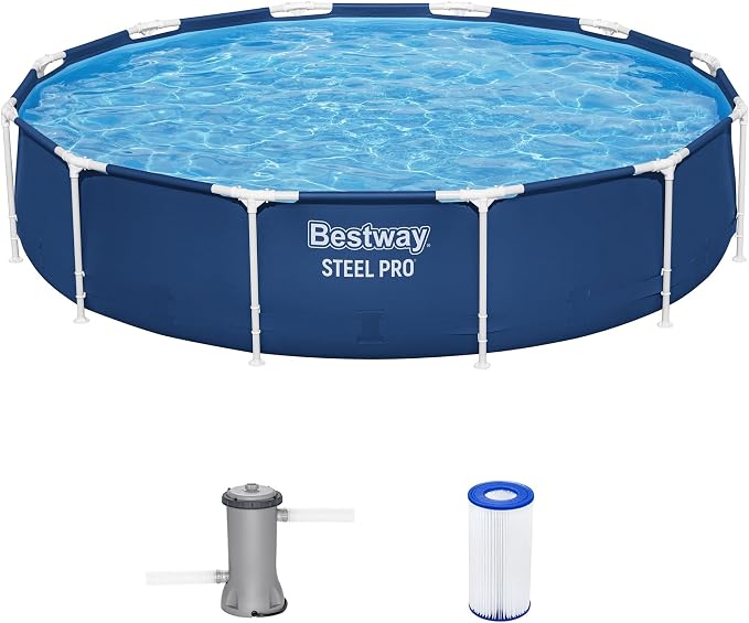 Bestway Steel Pro 12' x 30" Above Ground Swimming Pool Set with Pump | Durable Round Metal Frame Outdoor Backyard Pool, Puncture-Resistant Liner - Type I Filter Cartridge Included, Blue