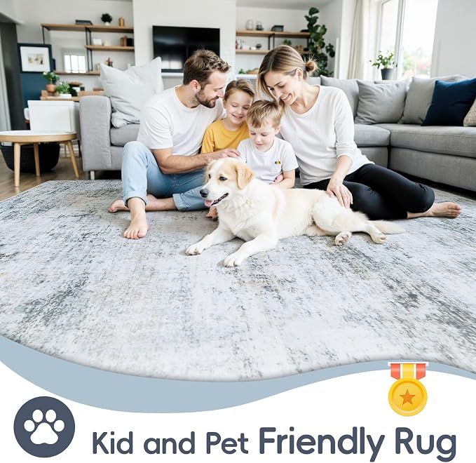 9x12 Washable Area Rug for Living Room Bedroom: Non-Slip Modern Blue Grey | Machine Washable TPR Backing, Stain-Resistant Low Pile, Pet & Kid Friendly, Abstract Decor for Dining Room, Dorm, Home Office
