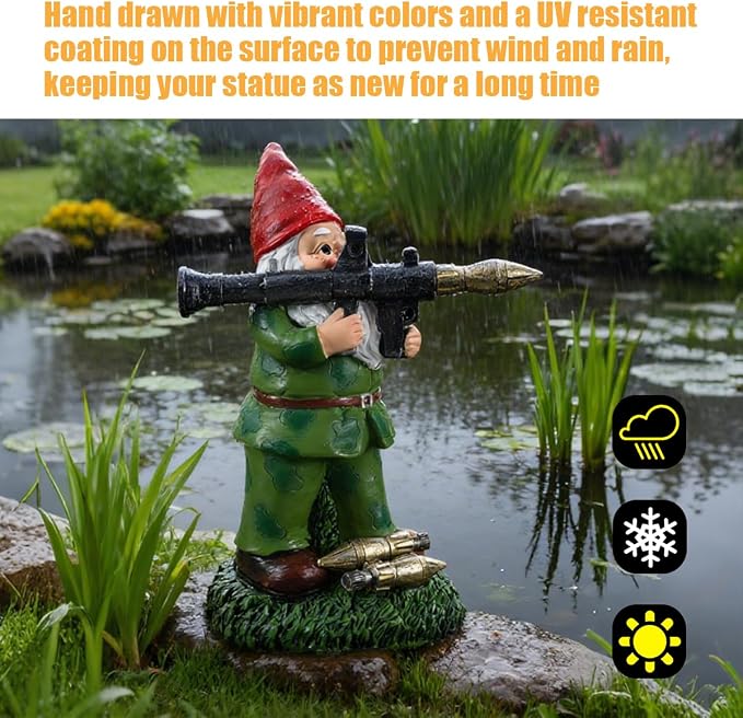 Large Garden Gnome Statue with Guns, Solar Military Army Soldier Guardian Hunter Gnome Garden Decoration Figurine Lights Porch Decor Valentine's Day Men Gift Scale War Combat Guards Patriotic Dwarves