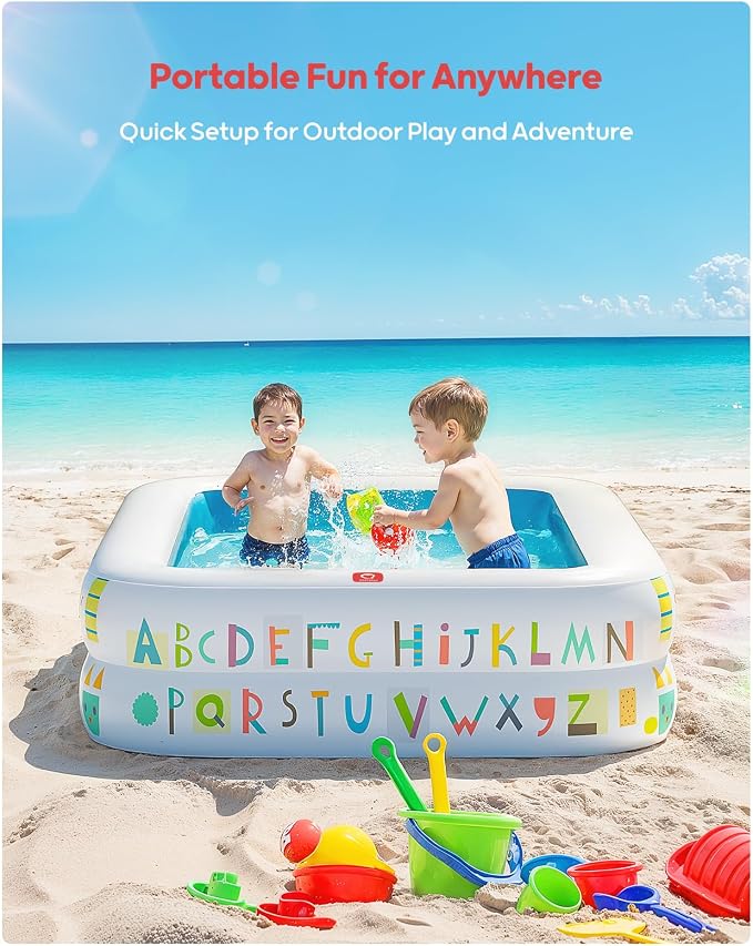 QPAU Kiddie Pool, Alphabet and Number Design, 65 x 39 in, Blue | Inflatable Design with Soft Floor, Converts to a Ball Pit for Kids and Toddlers, for Indoor and Backyard Play