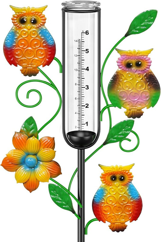 Owl Rain Gauge Outdoor, Metal Rain Gauges Stake with 6“ Glass Tube, Decorative Rain Gauges for Yard Garden Lawn for Precipitation Measurement