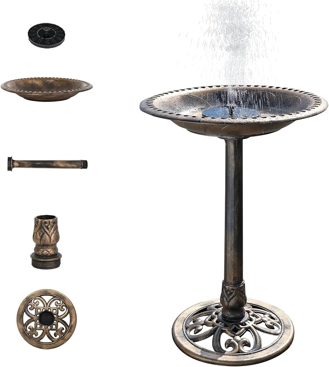 VINGLI Pedestal Bird Bath with Solar Fountain, Solar Pump Resin Birdbaths, Weather Resistant Bird Baths with Ground Stakes, Vintage Finish Garden Decor for Outdoor, Patio, Yard, Lawn (Copper)