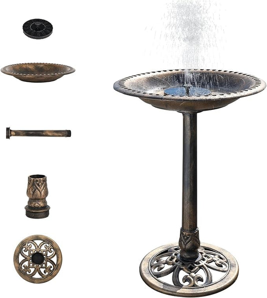 VINGLI Pedestal Bird Bath with Solar Fountain, Solar Pump Resin Birdbaths, Weather Resistant Bird Baths with Ground Stakes, Vintage Finish Garden Decor for Outdoor, Patio, Yard, Lawn (Copper)