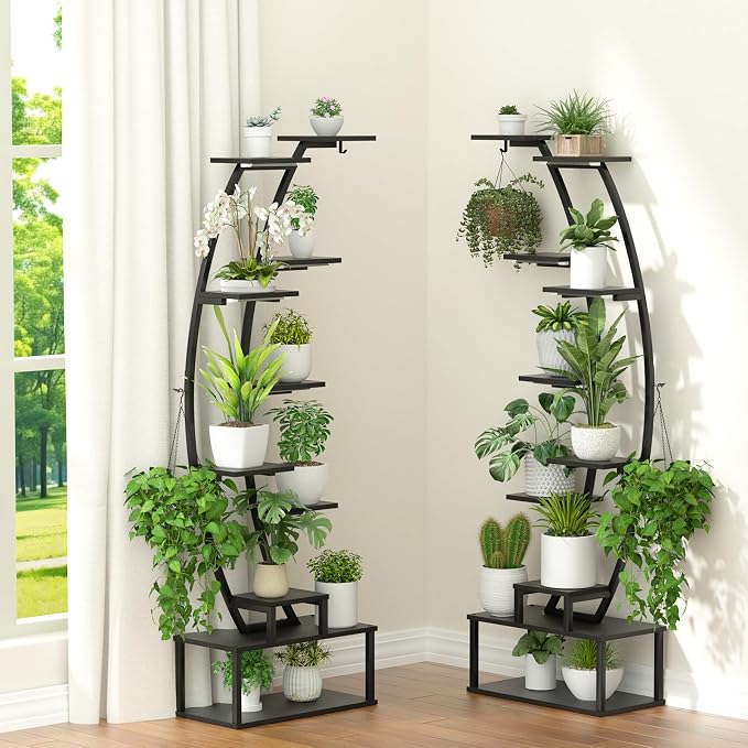 Plant Stand Shelf Indoor with 8 Grow Light, 10 Tiered 65" Tall Black Large Half Moon Lighted Plant Rack Holder, 2 Pack Big High Circular Arch Multi Herb Stand with Built in LED Grow Light Set