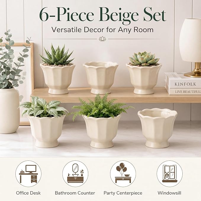 6 Pcs Lotus Leaf Edge Flower Planter Beige 3.4 Inch Small Scalloped Ceramic Pots for Mini Plant Succulent Cactus Flower Tillandsia Air Fern Home Office Desktop Decor