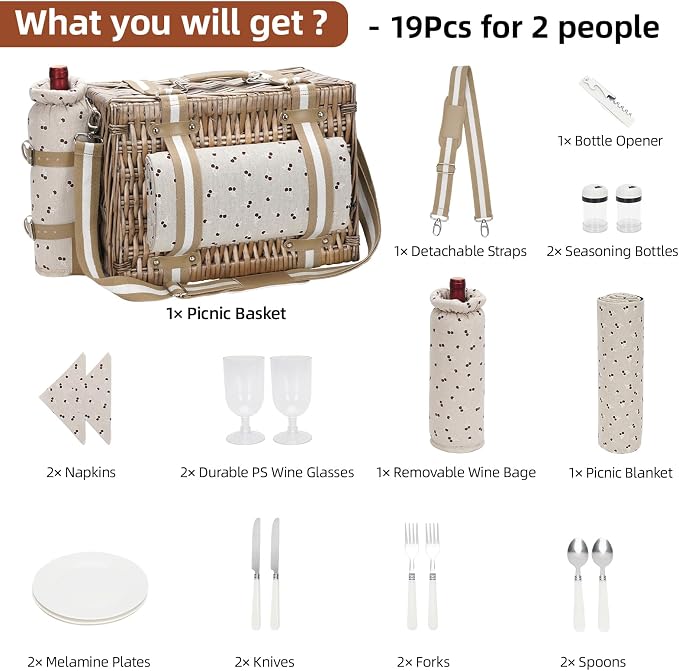 19Pcs Picnic Basket for 2 with Blanket - Wicker Picnic Basket with Strap,Wine Bag | Willow Picnic Set for 2 Person with Insulated Cooler | Wicker Hamper with Cutlery Kit, Beige