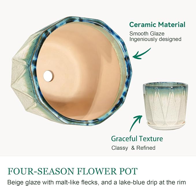 10 Inch Ceramic Plant Pot with Drainage Hole Mesh Net, Large Flower Pots for Indoor Plants with Saucer, Gardening Pots Outdoor (Blue Linen)
