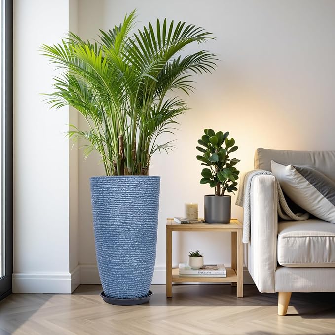QCQHDU Set of 2 9 Gallon Tall Large planters for Outdoor/Indoor Plants of 12" Dia x 21" H Round Flower Pots Set Faux Stone Finish Front Door Patio Square Porch Planters with Tray, Sky Blue
