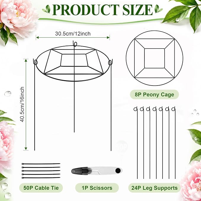 Coolrunner 8 Pack Peony Cages & Supports,12" D x 16" H Plant Support Rings | Heavy Duty Metal Peony Support Cage with 3 Legs, Plants Support Cage for Flower Strawberry Rose Hydrangeas, Heavy Blooms