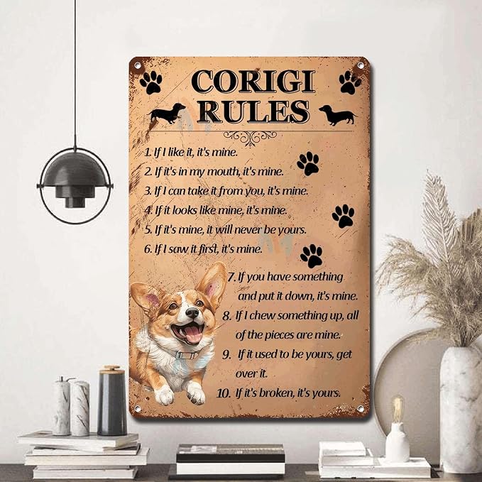 Metal Sign Tin Sign Vintage Wall Art Corigi Rules Garage Sign for Pub 12×16 Inches