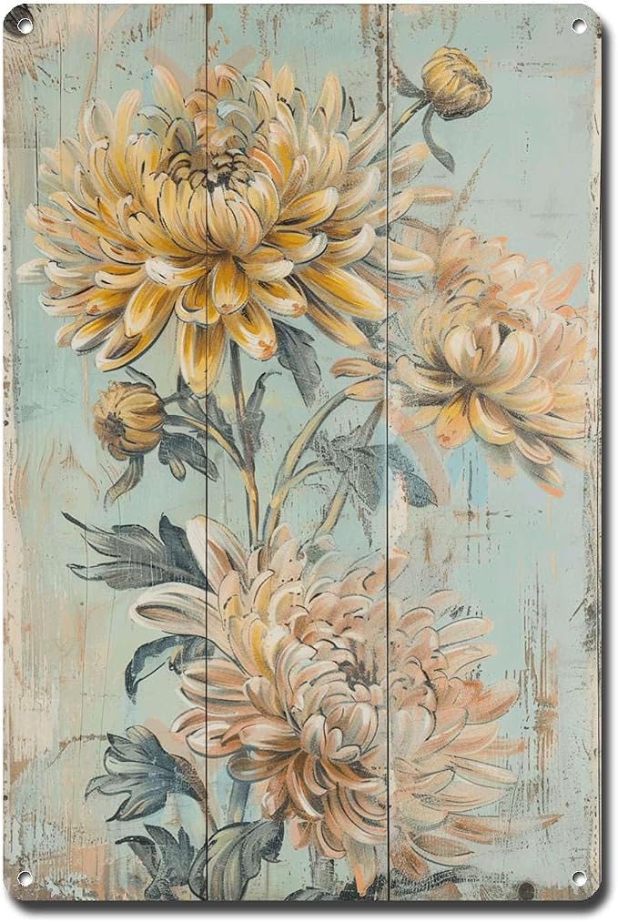 Metal Sign Tin Sign Vintage Wall Art Shabby Chic Chrysanthemum Tin Sign for Rustic Wall Decor Autumn Themed Interiors and Easy to Inst Tin Sign Gift for Restaurant 12×16 Inches
