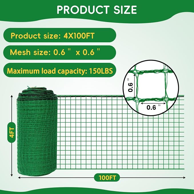 Plastic Mesh Fencing 4FT x 100FT, Garden Bird Netting & Deer Fence, Temporary Animal Barrier for Deer Pets Rabbits Chickens Wildlife, Green Protective Netting for Plants Fruit Vegetables