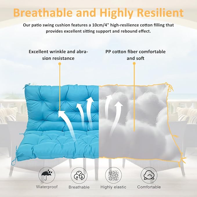 Swing Replacement Cushions for Outdoor: 2-3 Seater Waterproof Porch Bench Cushion with Backrest and Ties - 4" Thick Swing Cushion for Garden Patio Backyard Loveseat