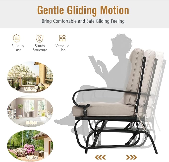 Giantex Outdoor Glider Bench, Patio 2 Person Loveseat with Removable Cushion, Thick Padded Seat, Stable Steel Frame, Outside Glider Swing Chair for Deck, Poolside, Yard, Balcony, Porch, Beige