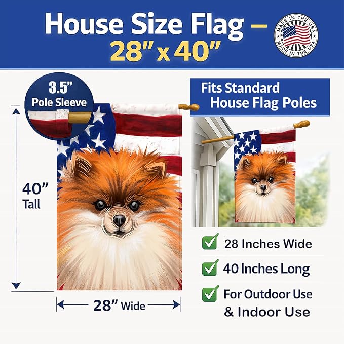 Caroline's Treasures CK6538CHF German Spitz Dog American Flag House Flag Large Porch Sleeve Pole Decorative Outside Yard Banner Artwork Wall Hanging, Polyester, House Size, Multicolor