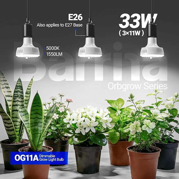 Barrina Orbgrow OG11A Grow Light Bulbs for Indoor Plants, Integrated Dimming & Timing, 5000K 33W(3 x 11W, 300 Watt Equiv), E26 Plant Light Bulb, Full Spectrum for Seeds and Greens, 3 Packs, White