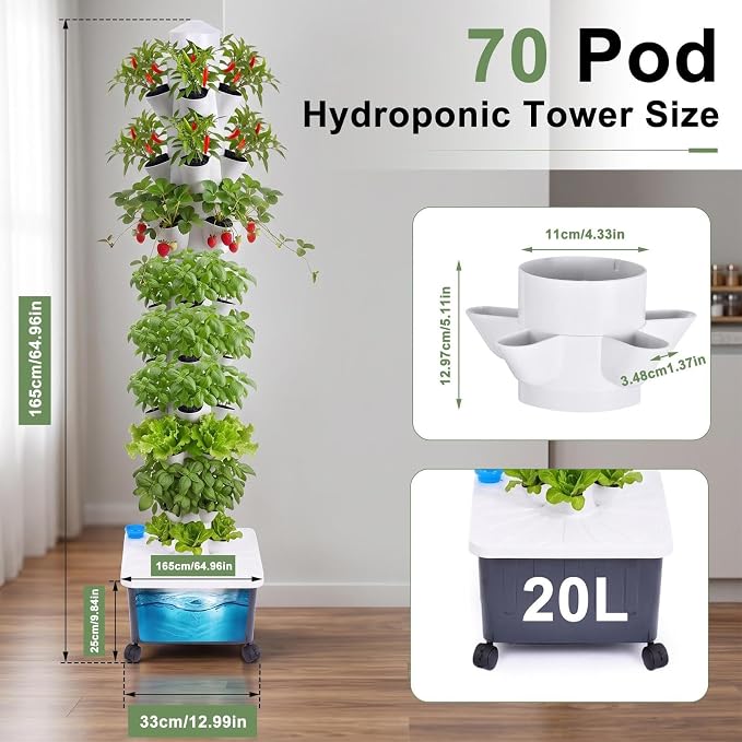 Hydroponic Tower 70 Crops Vertical Indoor Garden System with Auto Water Circulation & 20L Tank Soil‑Free Tower for Vegetable Fruit Home Grow