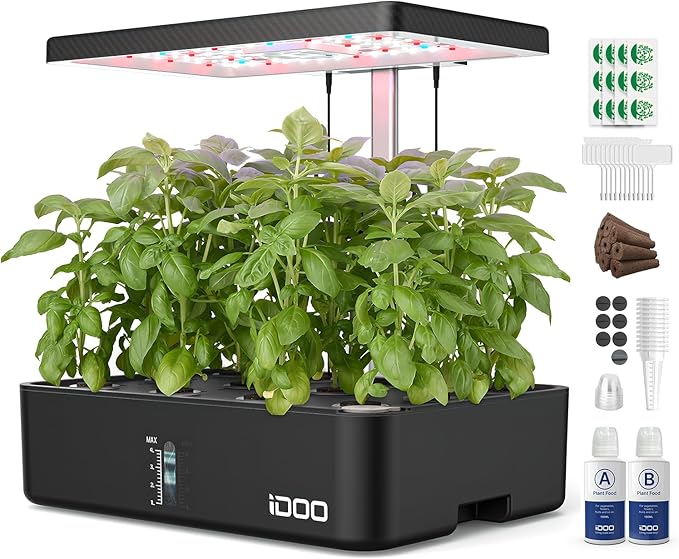 iDOO 12Pods Hydroponics Growing System Garden with LED Grow Light | Indoor Herb Garden for Home Office, Built-in Fan, Auto-Timer, Adjustable Height Up to 11.3", Gift for Women Men Fathers