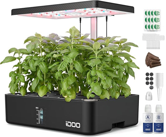 iDOO 12Pods Hydroponics Growing System Garden with LED Grow Light | Indoor Herb Garden for Home Office, Built-in Fan, Auto-Timer, Adjustable Height Up to 11.3", Gift for Women Men Fathers
