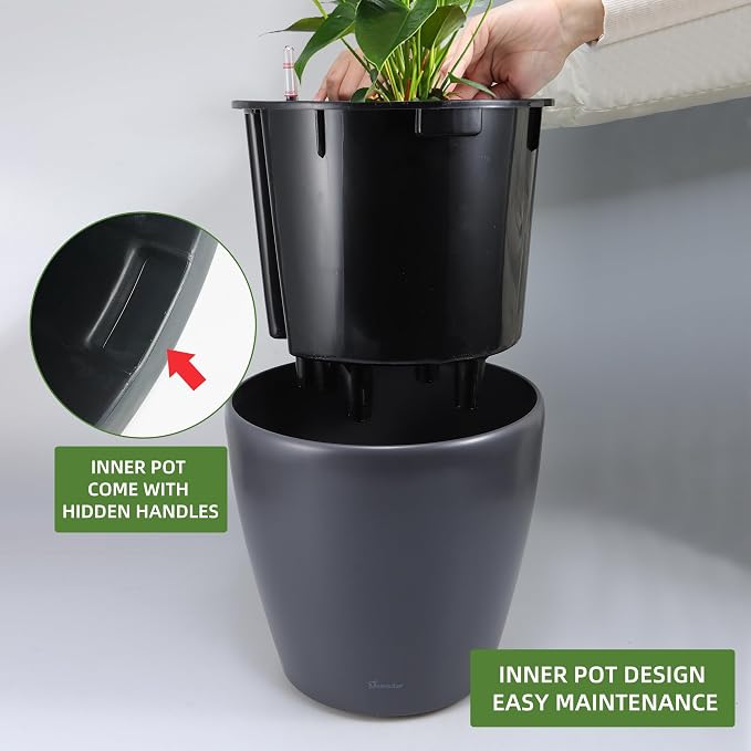 Dexceder 18x17 Self Watering Planter with Wheels (Slate Gray Matte) | Inner Pot Design, Thickened Large Floor Standing Flower Plant Pot with Water Level Indicator Indoor Outdoor