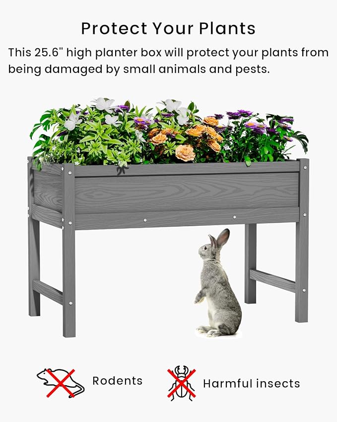 Weatherproof Raised Garden Bed, HDPE Outdoor Elevated Planter Box with Legs, Garden Box, Flower Beds for Patio, Deck, Balcony (Grey)