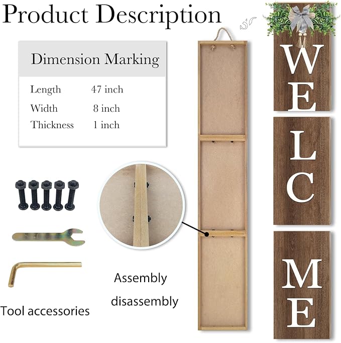 Interchangeable Welcome Sign for Front Door Standing 47"X8" with 12 Pcs Designed Icons Outdoor Front Porch Tall Garden Patio Signs Large Vertical Leaner Vertical Wood Frame Outside Decor (Wood)