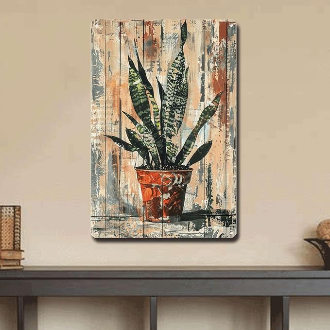 Metal Sign Tin Sign Vintage Wall Art Vintage Snake Plant Tin Sign for Shabby Chic Elements Distressed Wood Art and Robust Plant Di Home Deccor Store Home Decor for Pub 8×12 Inches