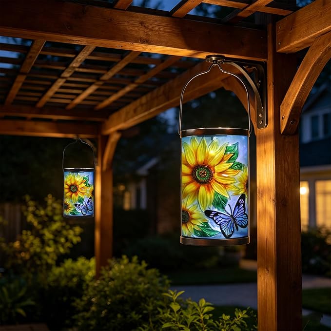 Hanging Solar Lantern Outdoor Waterproof LED Solar Lights Sunflower Decorative Solar Lanterns Tabletop Lamp for Outdoor Patio Garden Yard Decor