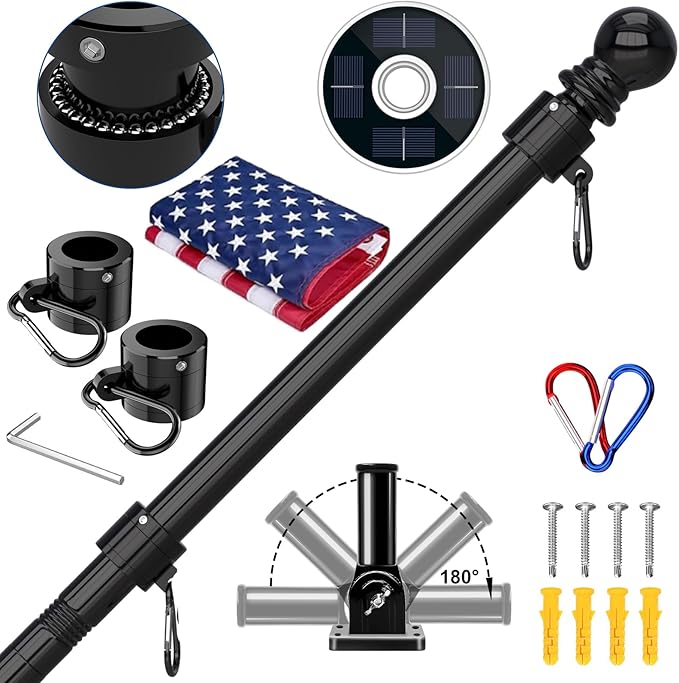 ZMTECH 6FT Flag Pole Kit with Solar Light and Embroidered American Flag, Adjustable Bracket and Upgraded Tangle-Free Ring 1" Stainless Steel Flagpole for Day and Night, Residential, Commercial, Black