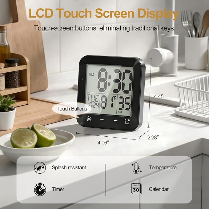 Shower Clock Waterproof, Bathroom Digital Clock with Timer, LCD Display, Touch Screen, Suction Cup, Temp, Seconds, Hanging, Hole Stand, Digital Wall Clocks Battery Operated for Kids and Adults