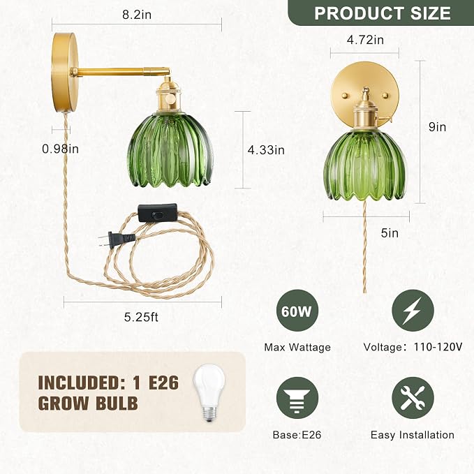 Wall Mounted Grow Lights for Indoor Plants with Vintage Tulip Glass Shade, Switch and Power Cord, Decorative Hanging Plants Light for Growing