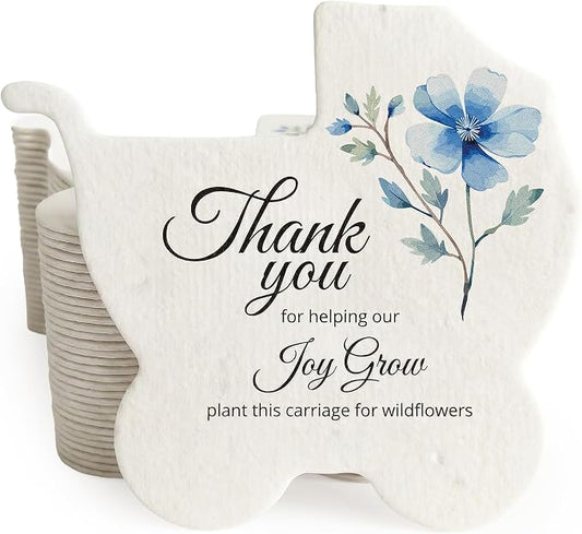 12pcs Blue Carriage-Shaped Gift Tags with Wildflower Seeds - Writable Gift Wrap Tags for Baby Showers, Mother's Day Present, Party Favors, DIY Crafts, & Earth Day Decorations