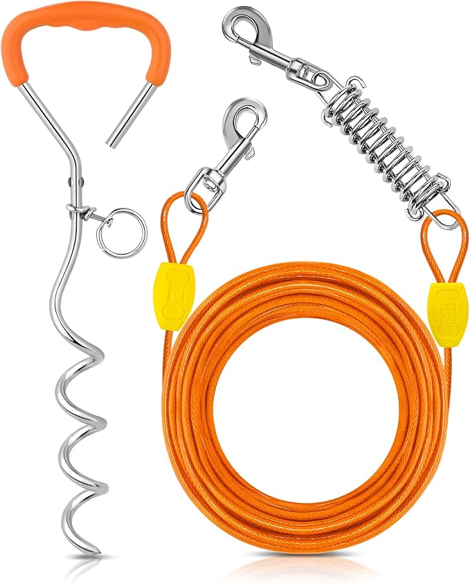 Petbobi Dog Tie-Out Cable and Stake - 40ft Heavy Duty Cable with Spring, No Tangle, 16in Ground Stake, Ideal for Outdoor Yard, Camping, Suitable for Small Medium Large Dogs Up to 120 lbs, Orange