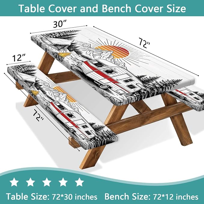 Picnic Table and Bench Covers Set Camping Essentials - Vintage Retro Mountain Camper Waterproof Windproof Tablecloth, Camping Accessories with Drawstring Bag Fits for Camping Picnic, 30X72 inch